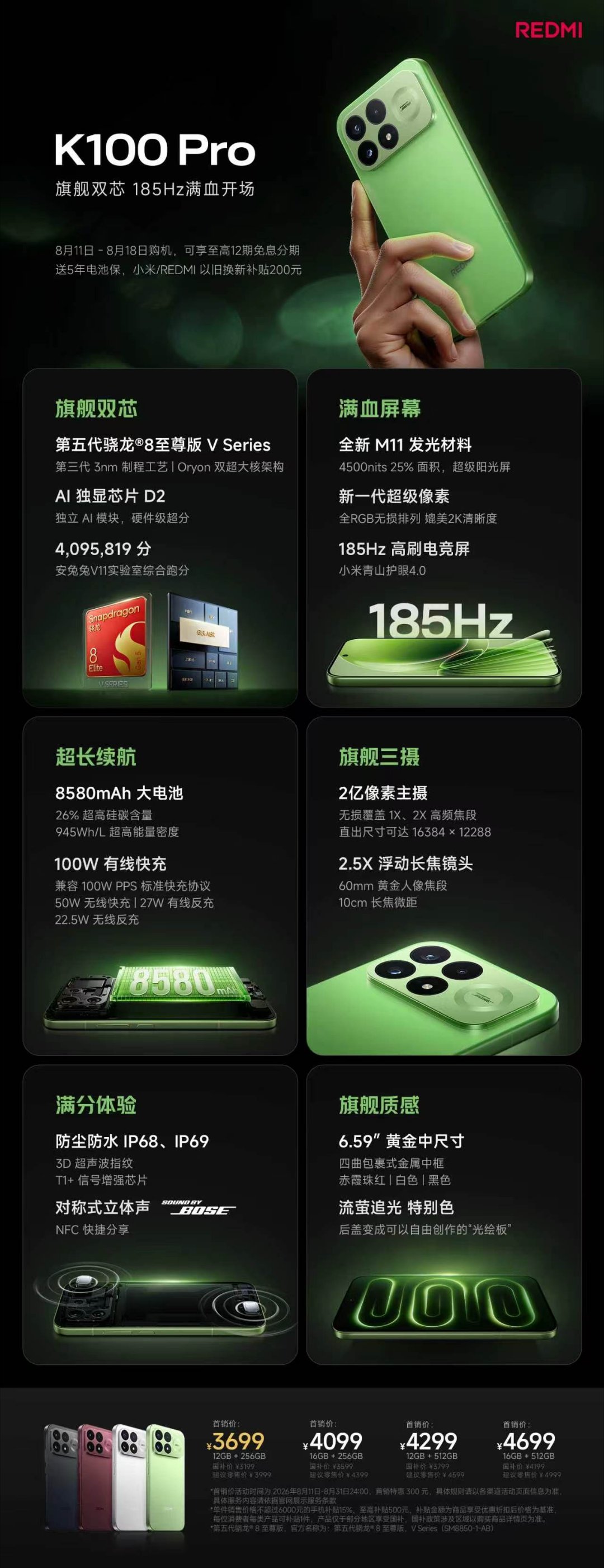 REDMI K100 Pro系列发布：国补价3199元起，9070mAh电池+185Hz高刷屏