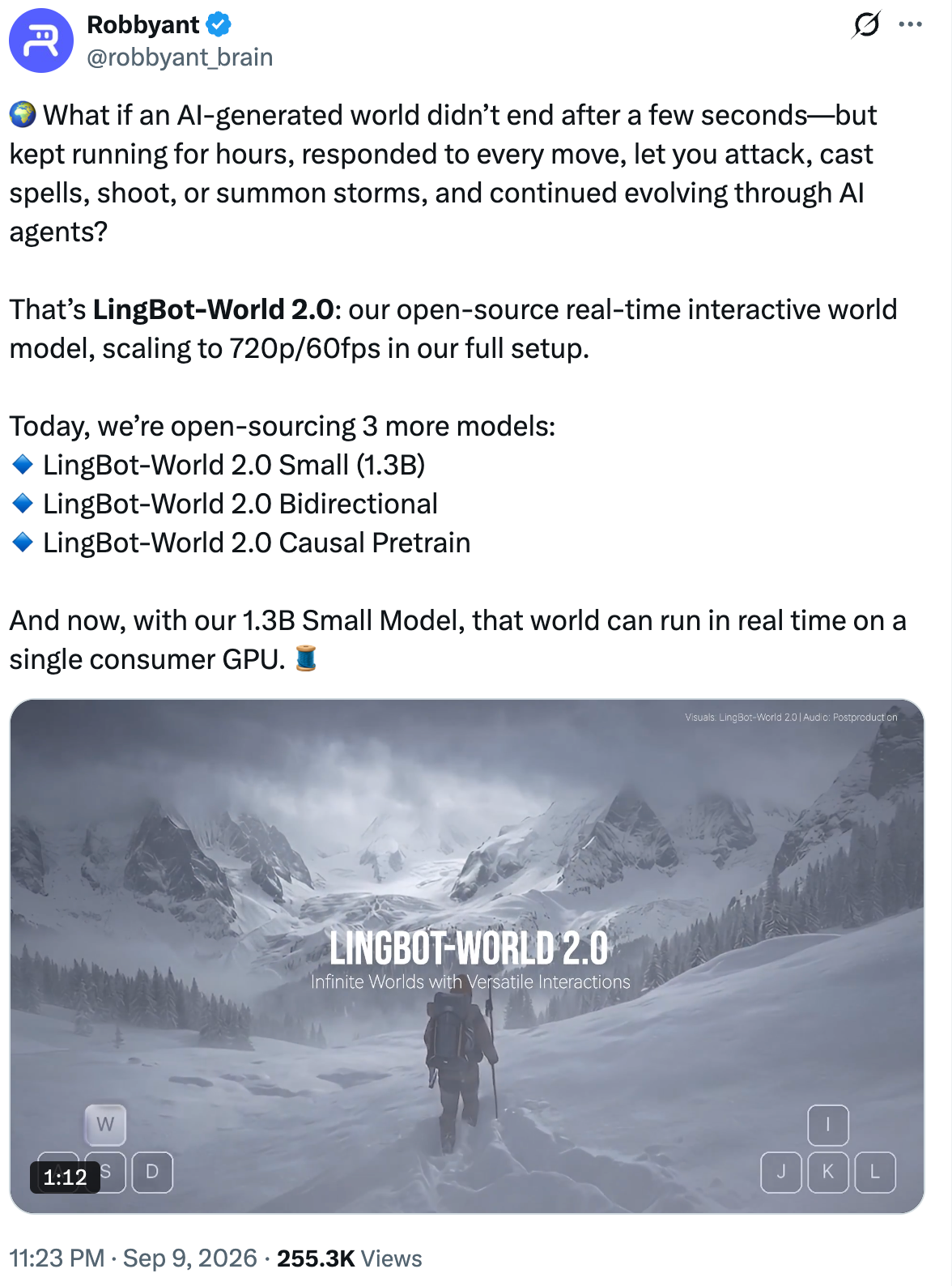 蚂蚁灵波开源 LingBot World 2.0 世界模型：最小 1.3B 参数，单卡可实时生成
