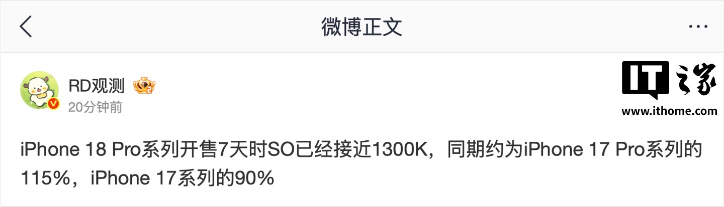 开售 7 天接近 130 万台：iPhone 18 Pro 系列国内销量约为前代同期 115%