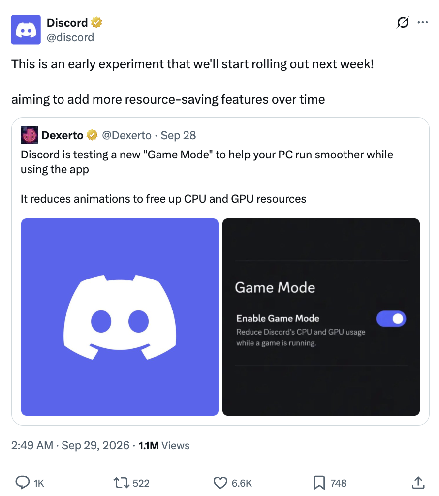 Discord 将上线游戏模式：检测到游戏后自动压低 CPU 与 GPU 占用