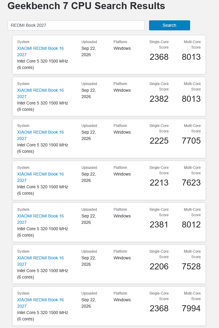 REDMI Book 16 2027 现身跑分库：酷睿 5 320 配 16GB 内存